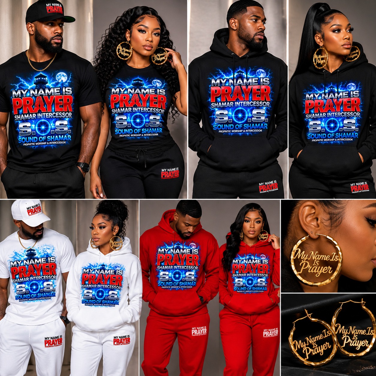 S.O.S. Sound of Shamar collection — black, white, and red tees, hoodies, hoodie sets, and My Name Is Prayer hoop earrings