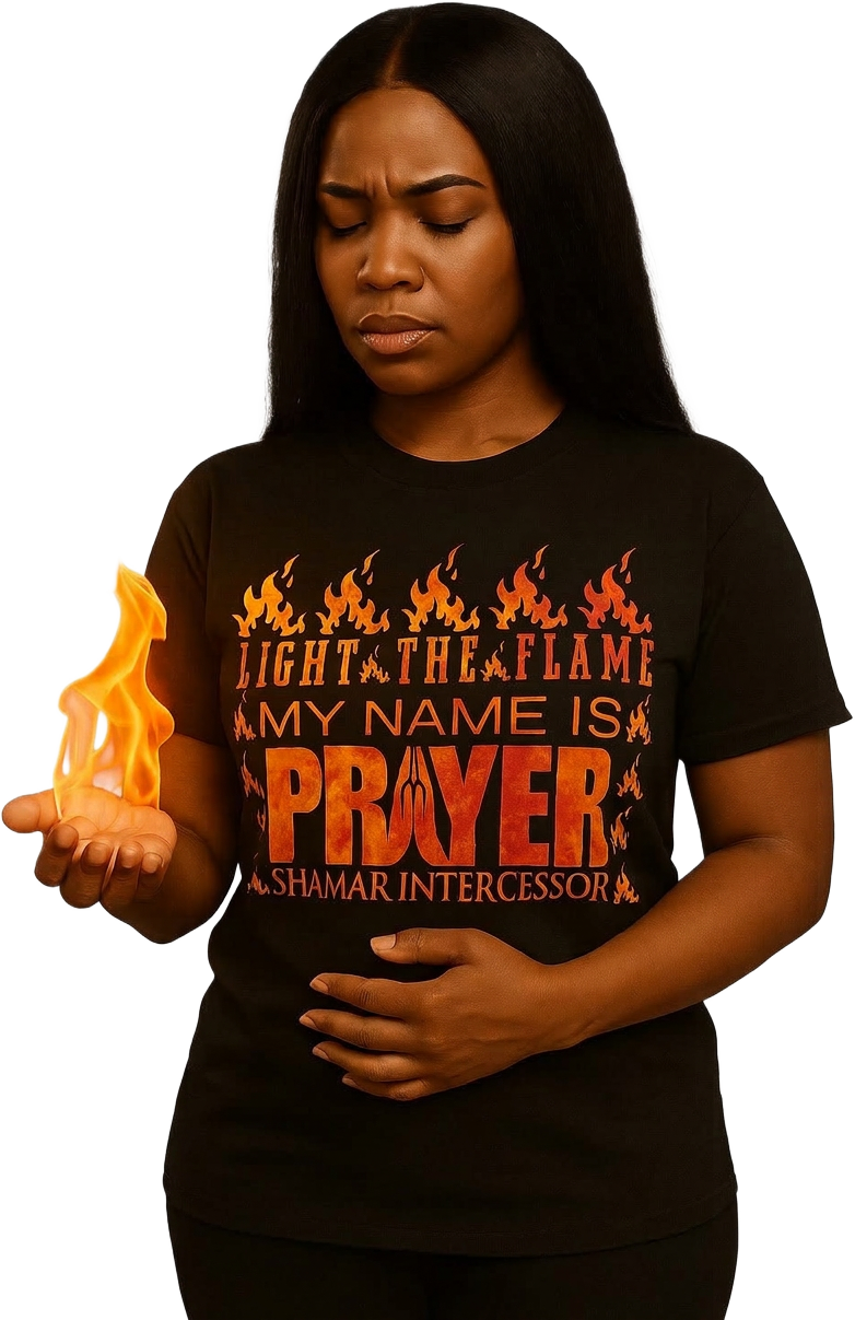 A woman holding a flame in the black Light The Flame Shamar Intercessor tee