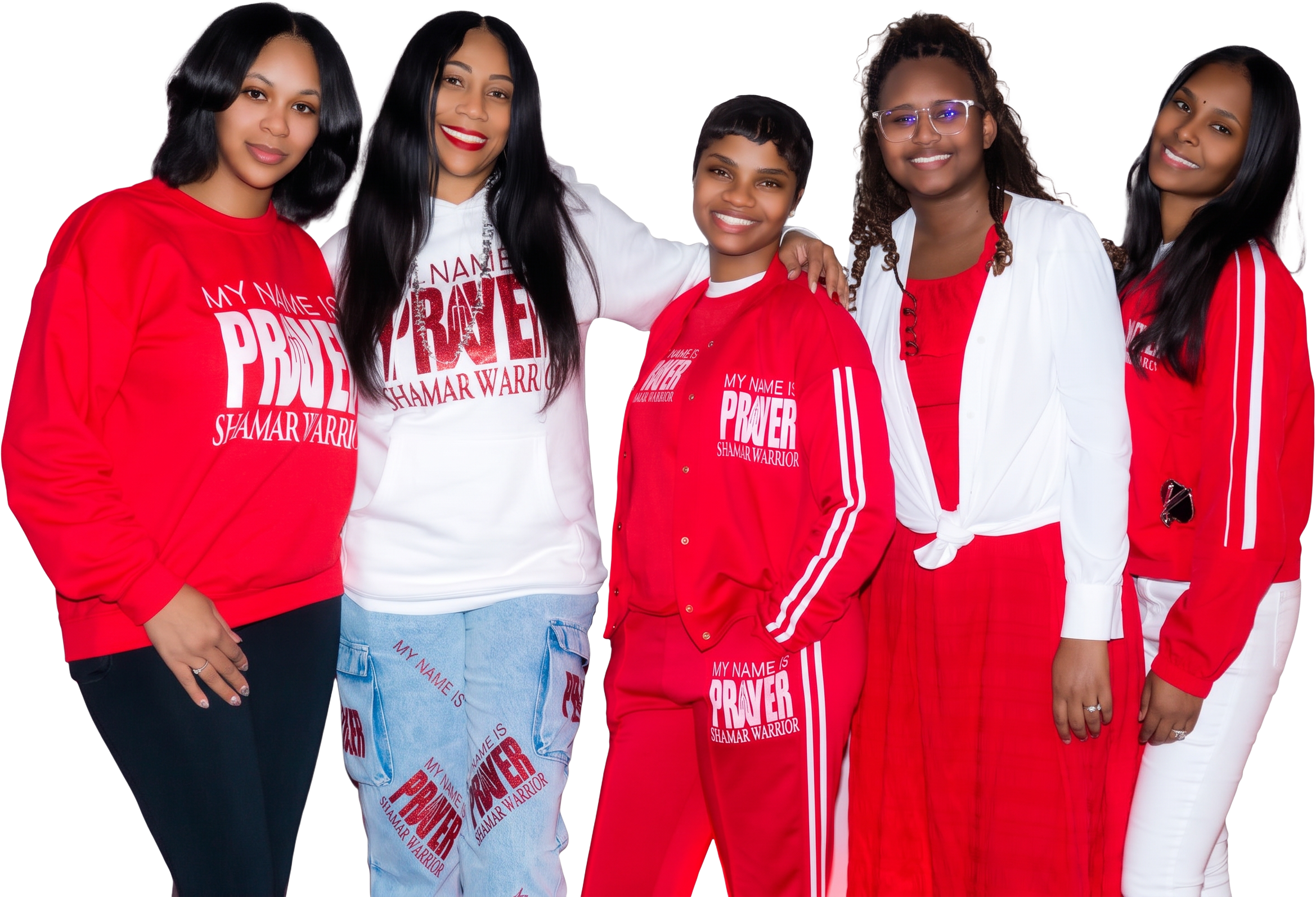 Five women in red and white My Name Is Prayer Shamar Warrior sets and Prayer baggie jeans