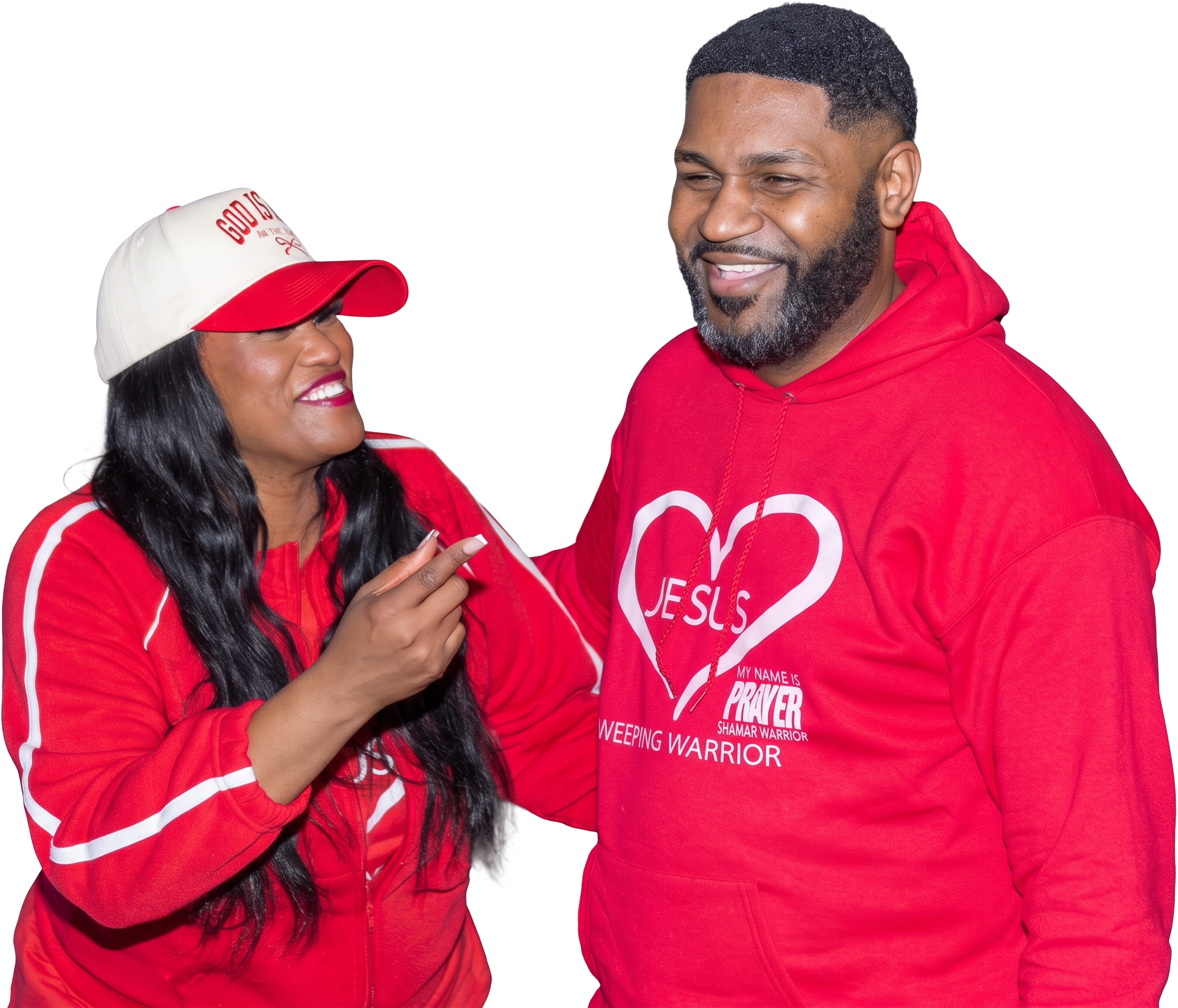 A couple laughing in red My Name Is Prayer Weeping Warrior gear