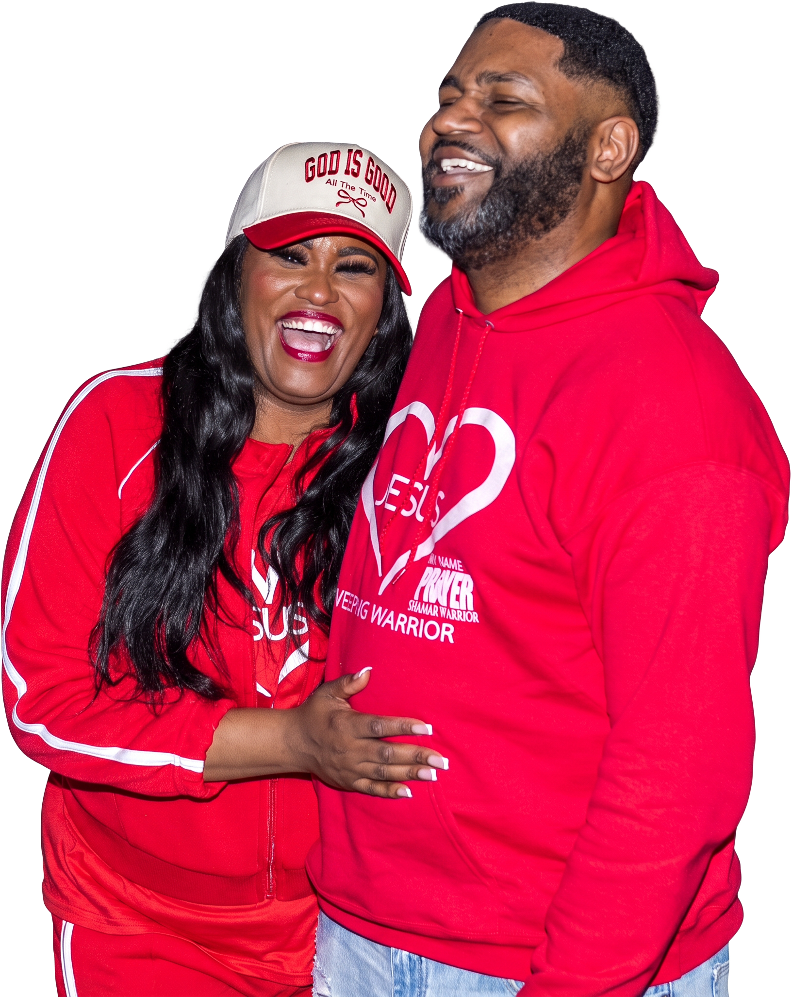 A couple in matching red My Name Is Prayer Weeping Warrior hoodies