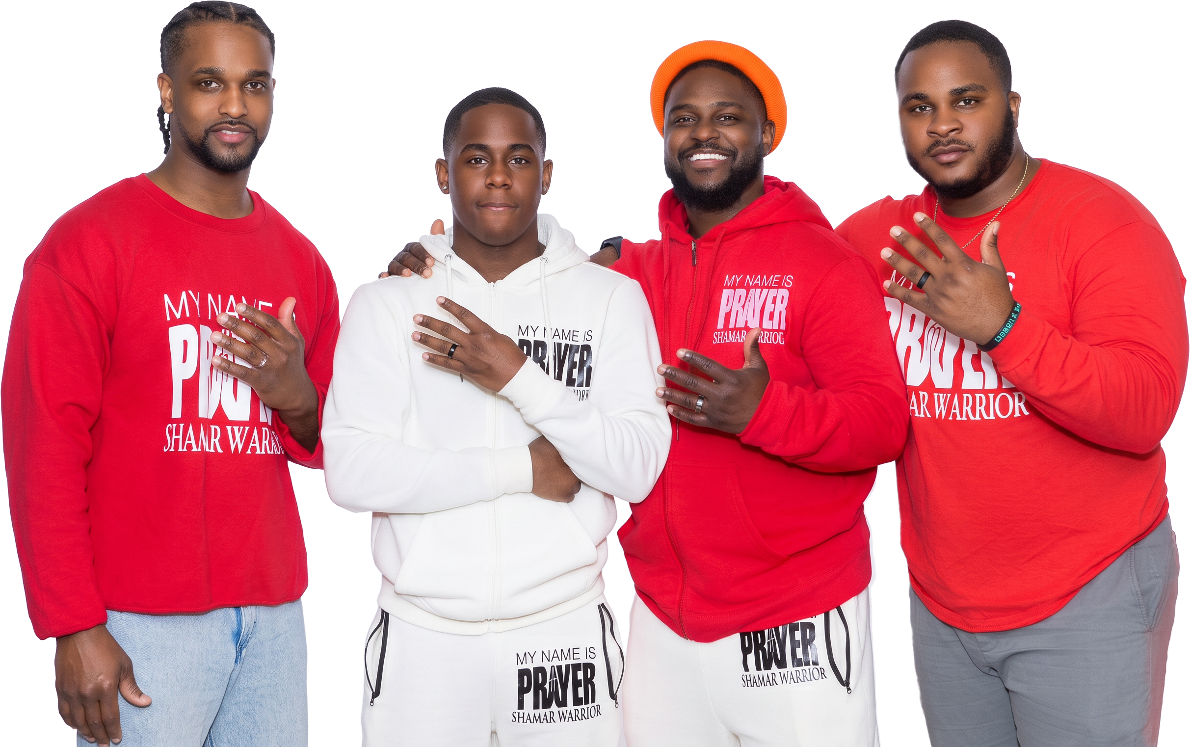 Four men in red and white My Name Is Prayer Shamar Warrior hoodies and sets