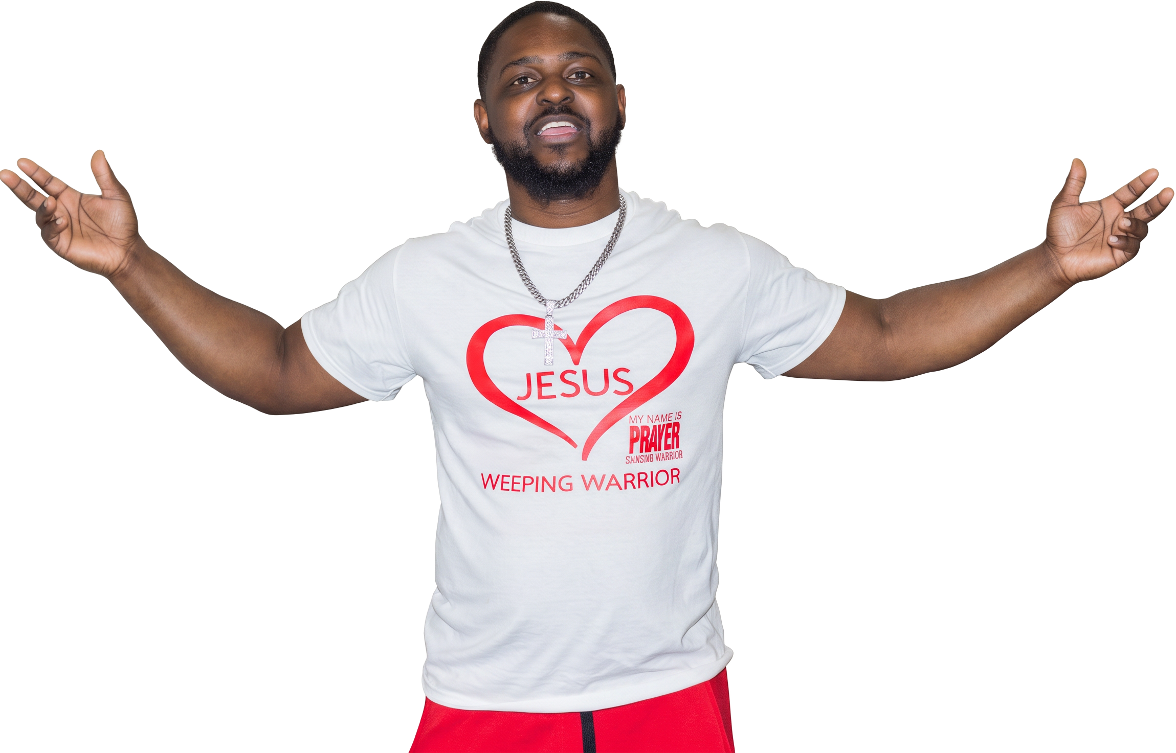A man worshipping in the white Jesus heart Weeping Warrior tee