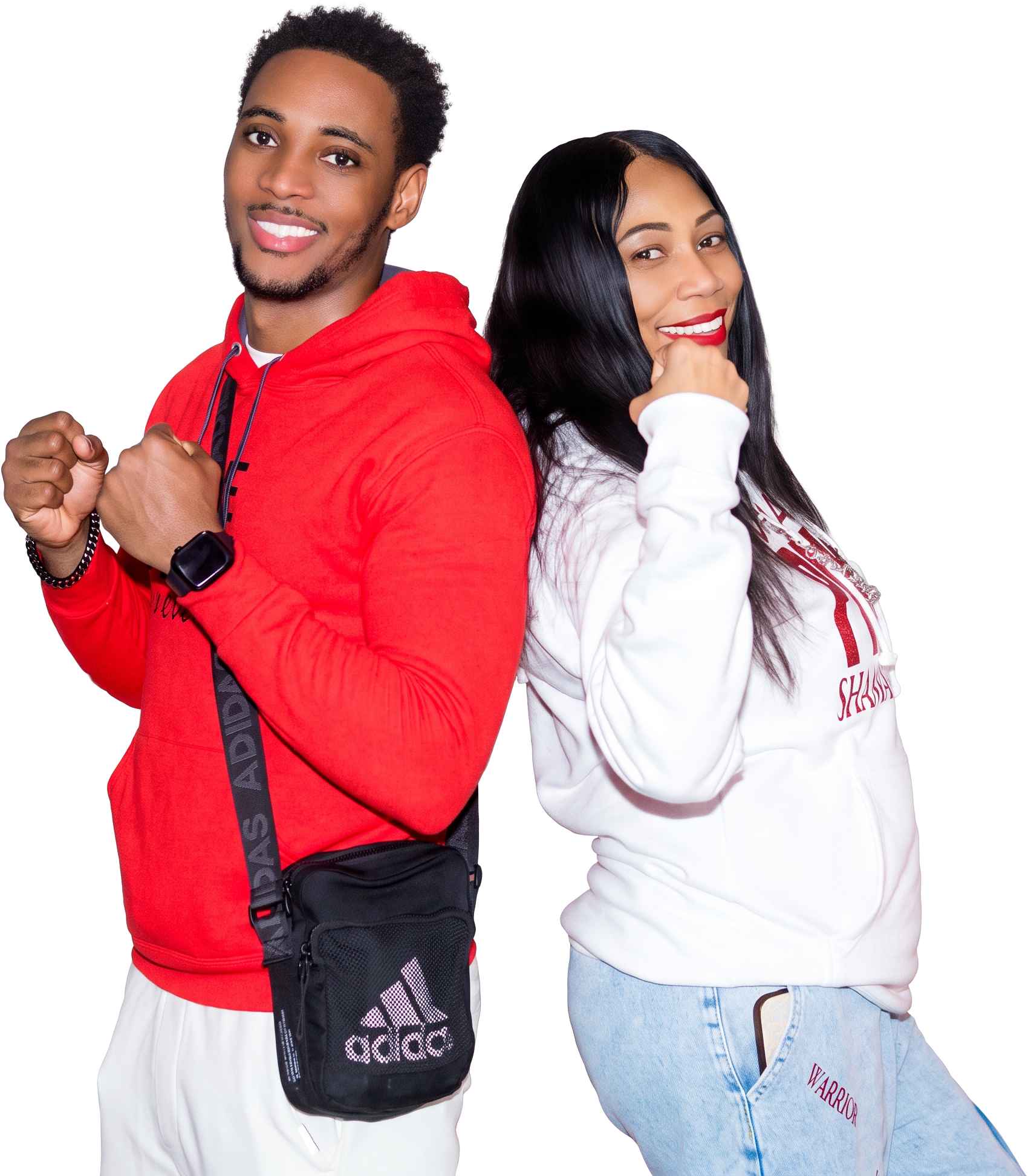 Two watchmen back to back in red and white My Name Is Prayer hoodies