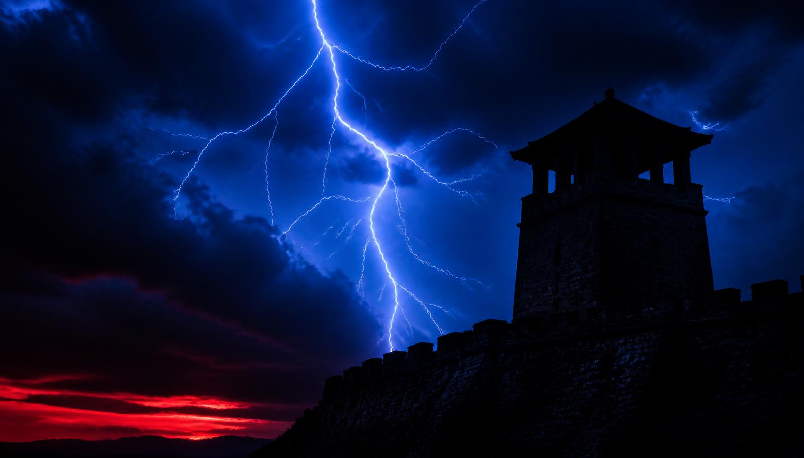 Watchtower on a wall under electric blue lightning